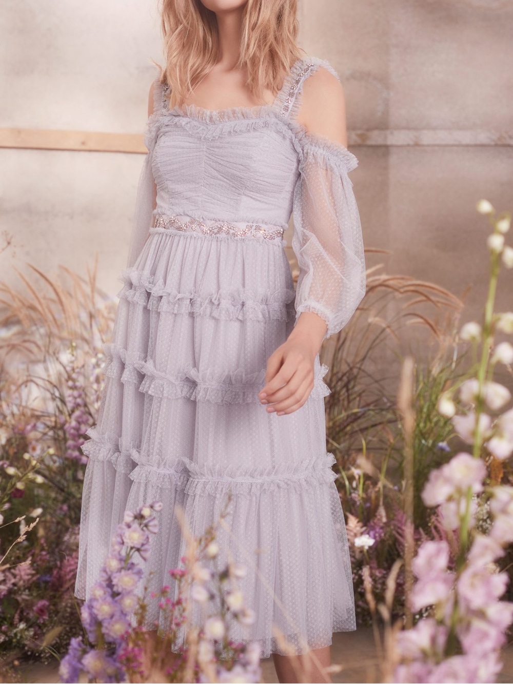 Needle & Thread Light Gray Off-Shoulder Tulle Ruffle Dress